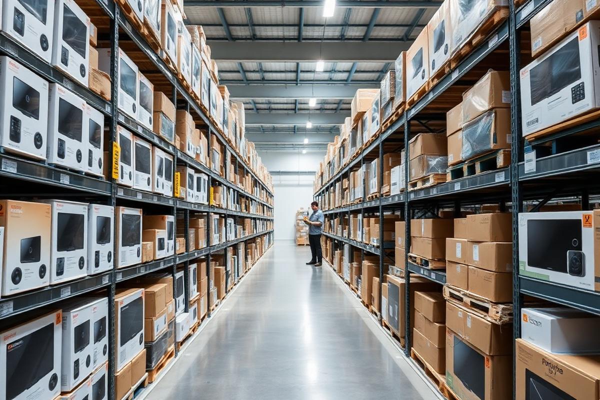 Organized warehouse with consumer electronics inventory