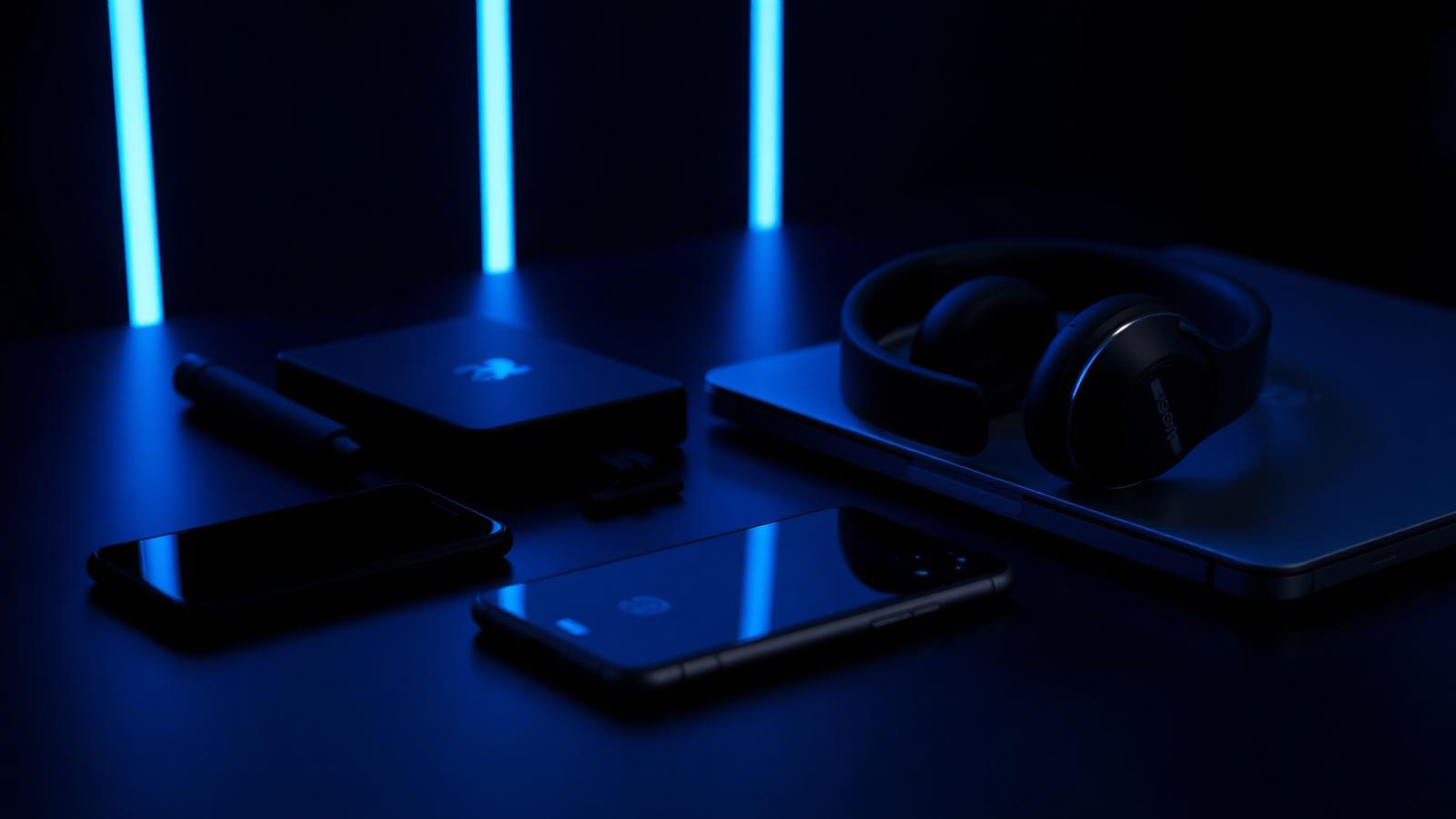 Premium consumer electronics arranged on a dark surface