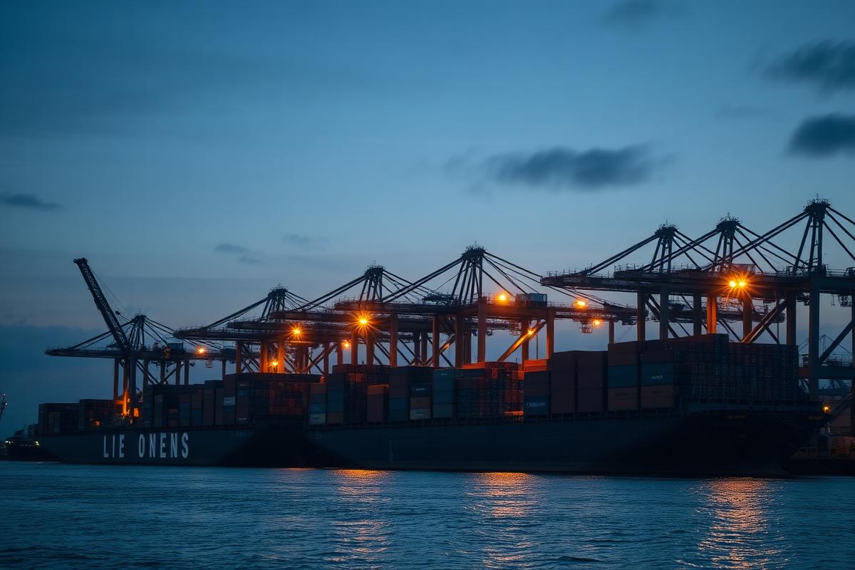 Container port at dusk representing international trade